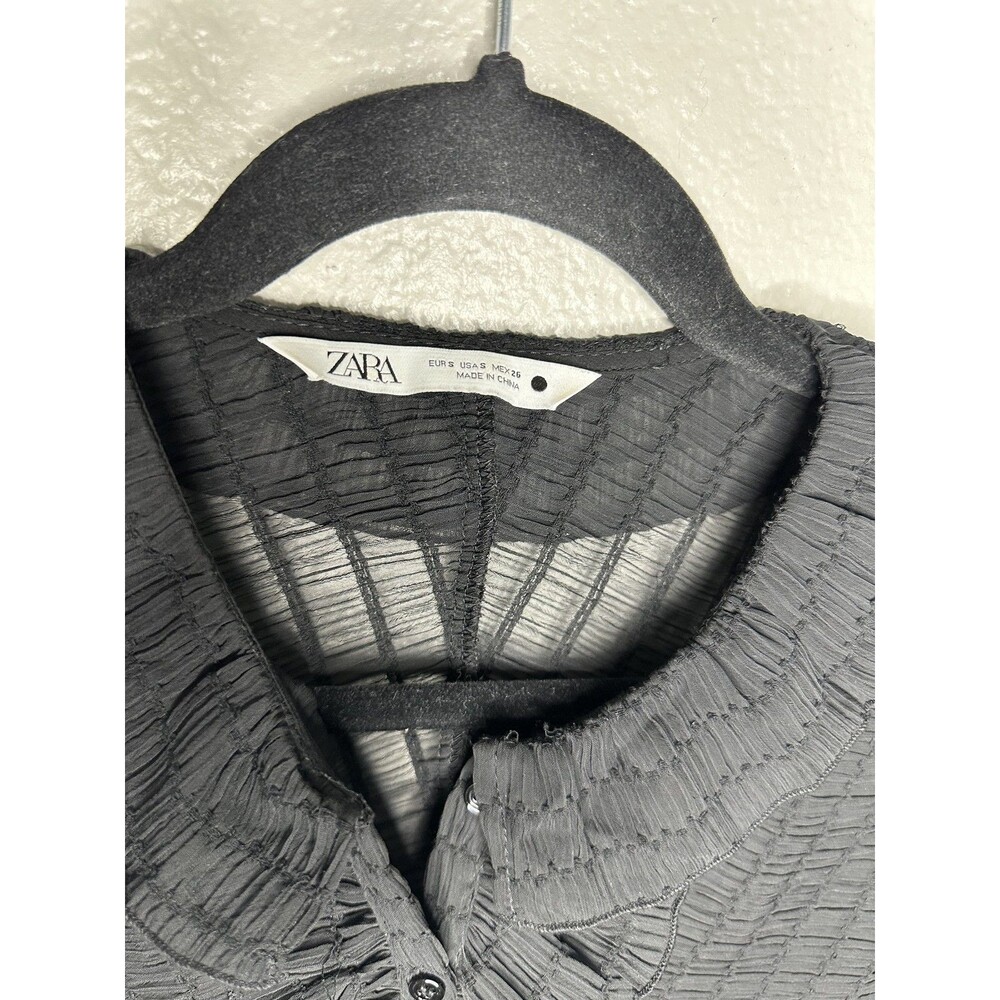 Zara Blouse Womens Small Long Sleeve Boho Top Shirt Black Sheer Ruffle Button Up - Picture 2 of 7